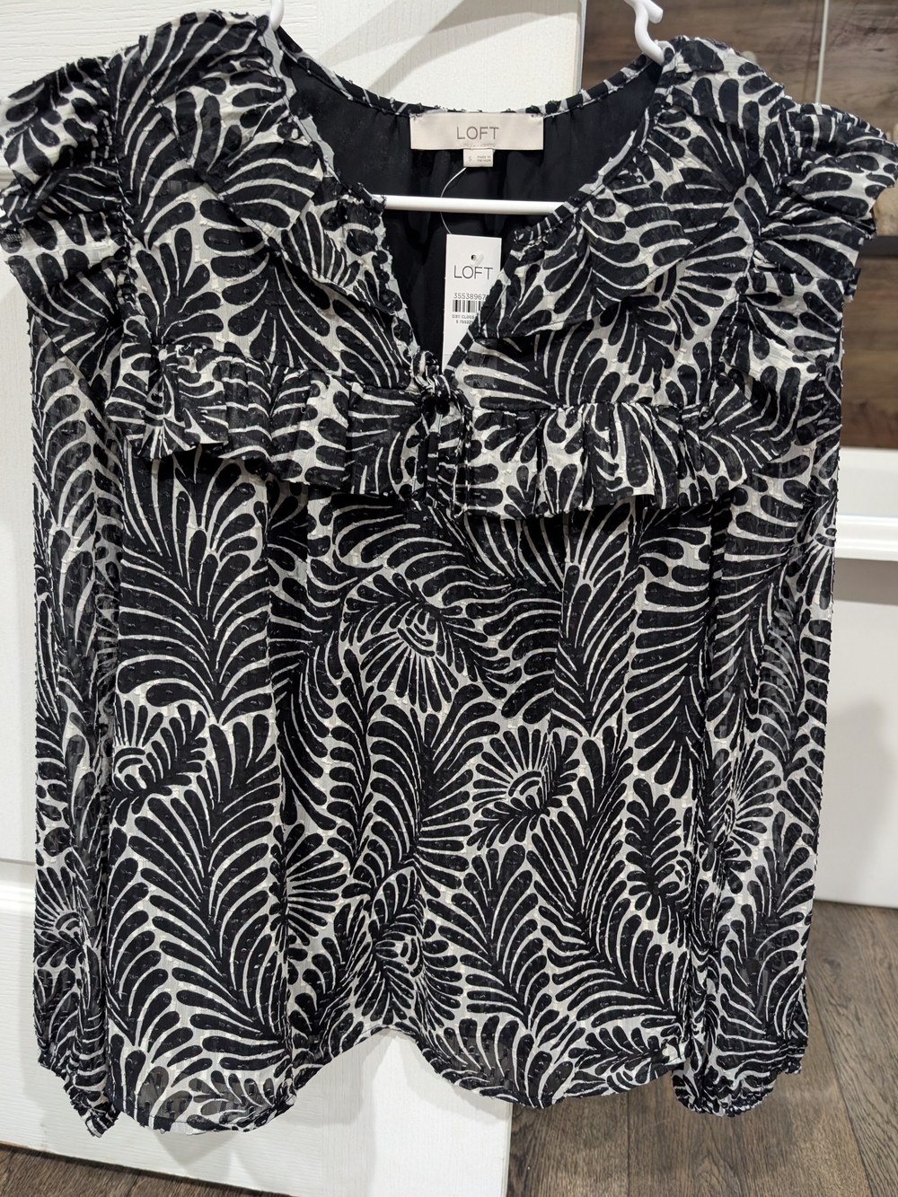LOFT Black and White Ruffle Long-Sleeve Blouse - Picture 2 of 7